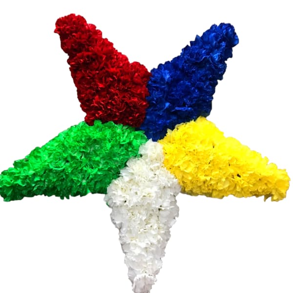 Five colorful floral garlands arranged in a star shape