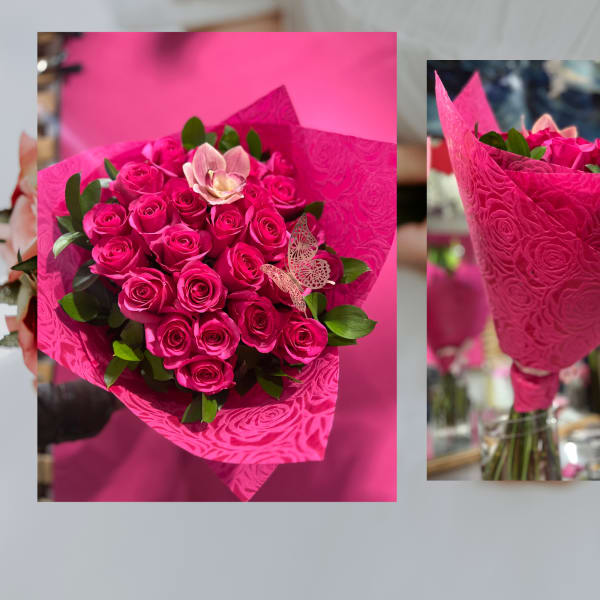 Bouquet of hot pink roses with a single pale orchid in embossed pink wrap.