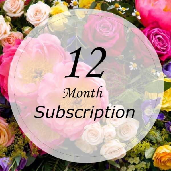 Colorful rose bouquet with a "12 Month Subscription" overlay