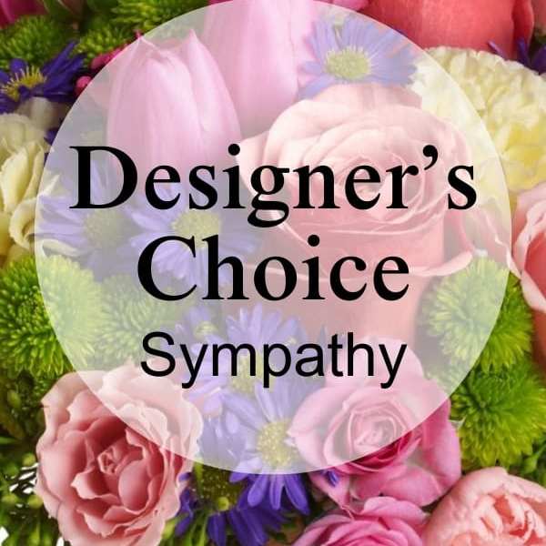 Mixed pink and purple flowers with sympathy text overlay