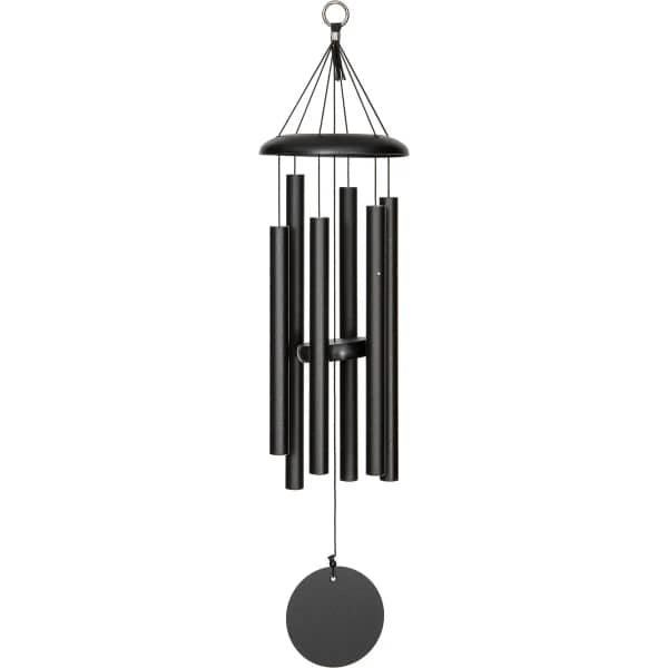 Black metal wind chime with hanging tubes and a round striker