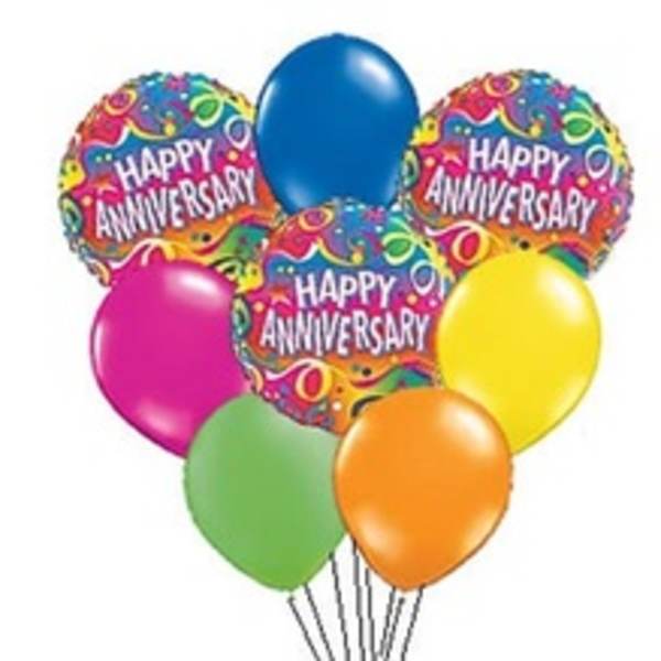 Cluster of colorful anniversary balloons with two printed foil balloons