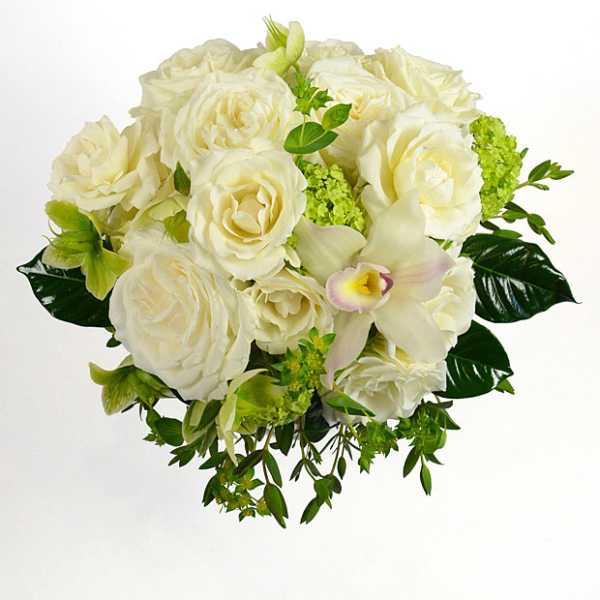 White rose bouquet with a pale orchid and green accents