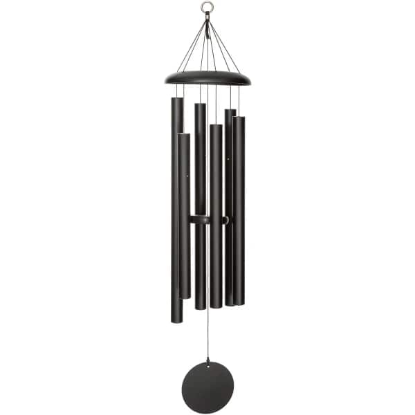 Black metal wind chime with hanging tubes and a round striker