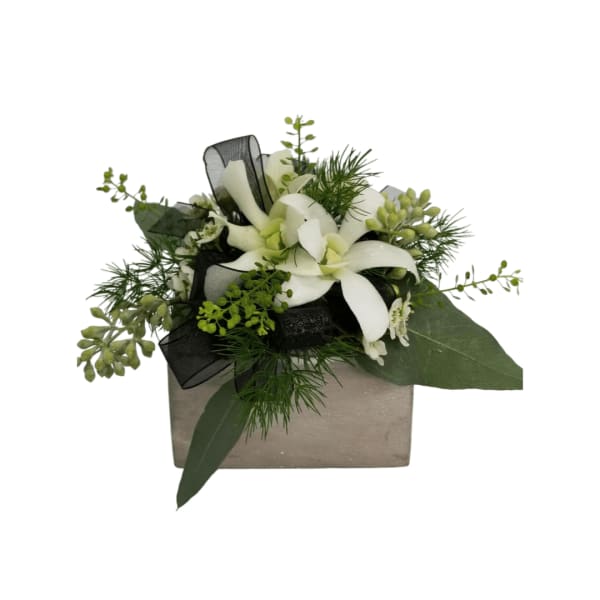 White floral arrangement in a square box with black ribbon