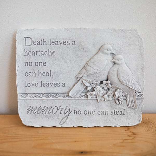 Decorative memorial plaque with two birds and a sympathy quote