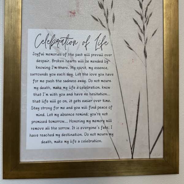 Framed memorial quote print with tall grass illustration