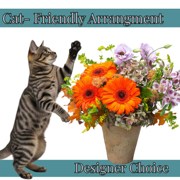 Cat beside a mixed flower arrangement in a rustic vase