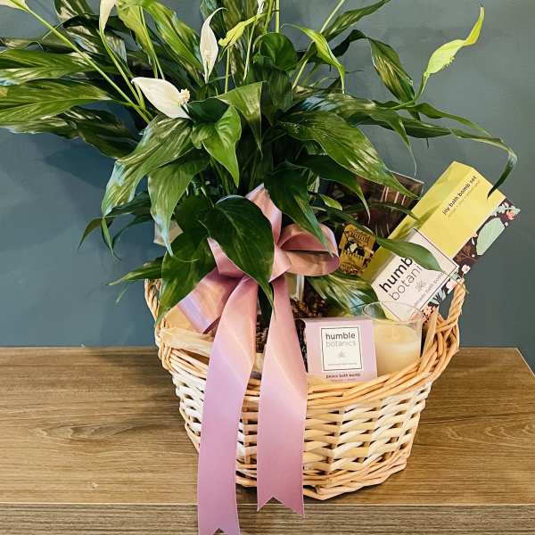 Basket gift with white peace lilies and bath products tied with a pink ribbon