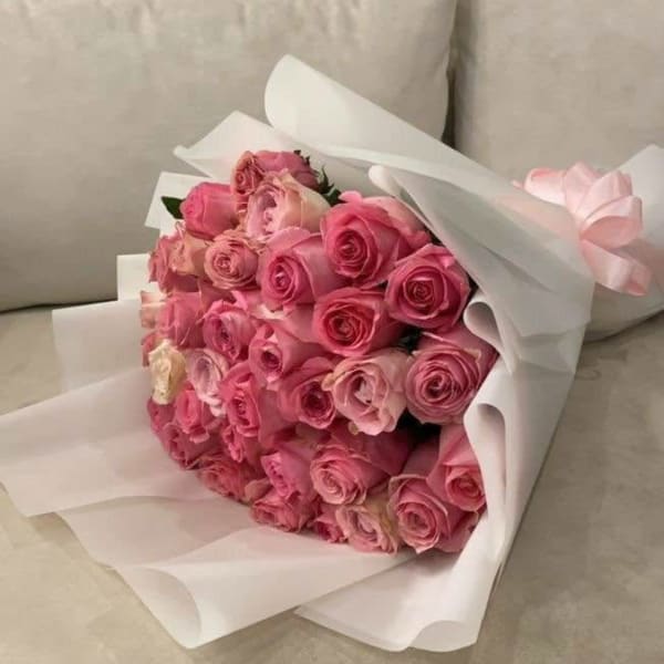 Bouquet of pink roses wrapped in white paper