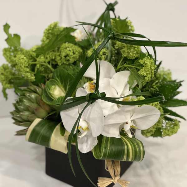 White orchids and green flowers in a black box arrangement