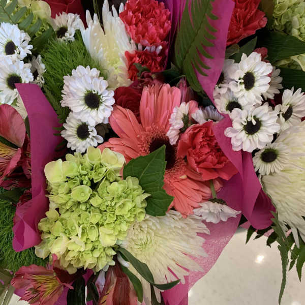Mixed bouquet with pink gerbera daisies, white daisies, and green hydrangea