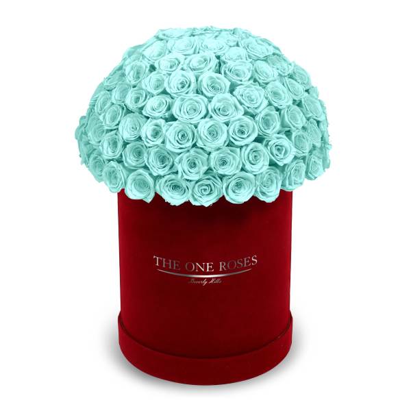 A dome of pale blue roses in a red round box