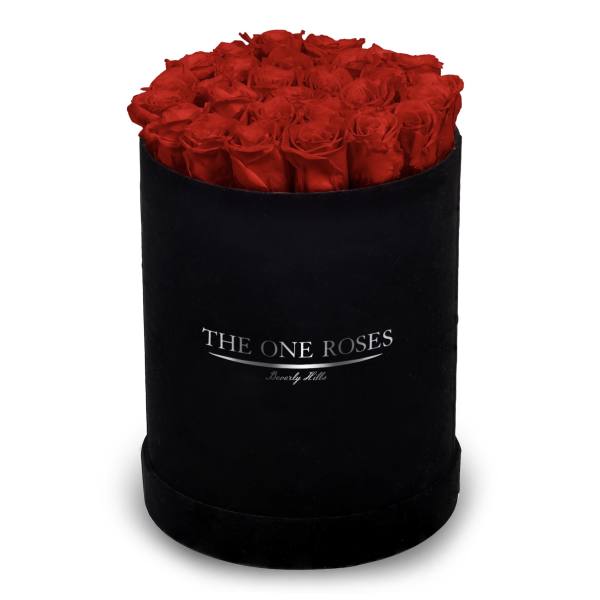 Red roses arranged in a black round box
