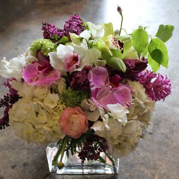 Orchids, hydrangea, hyacinth, and ranunculus in a clear square glass vase.