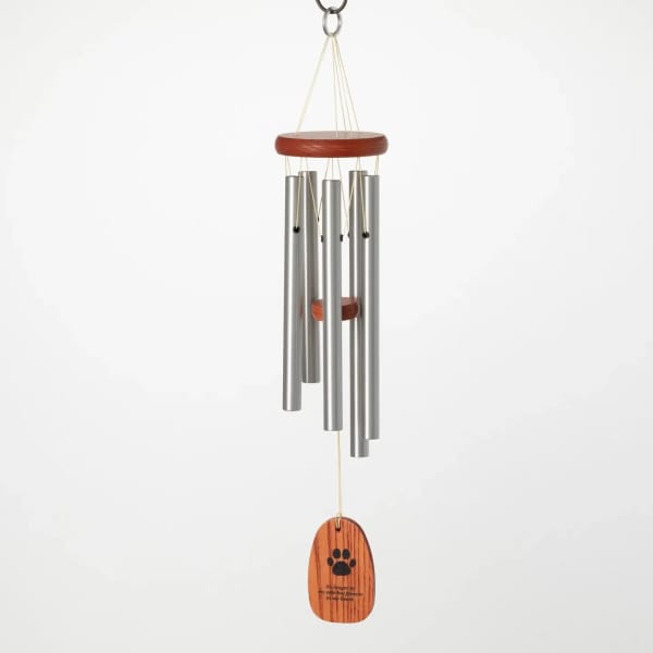 Silver wind chime with wooden accents and a paw-print tag