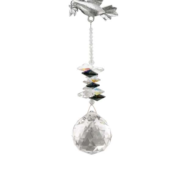 Hanging crystal sun catcher with silver dove and faceted clear prism ball