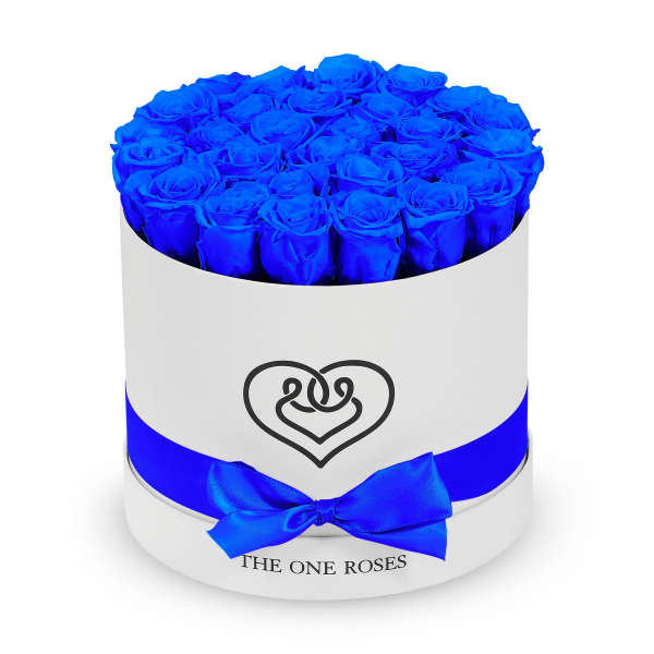 Round box of vivid blue roses with a satin ribbon
