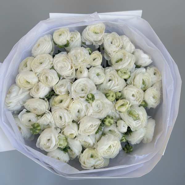 Bouquet of white ranunculus wrapped in pale paper