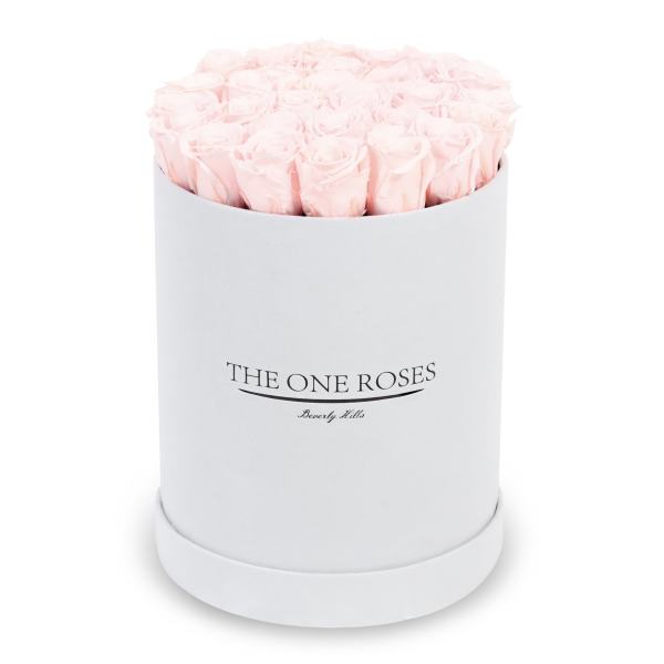 Light pink roses arranged in a white round box