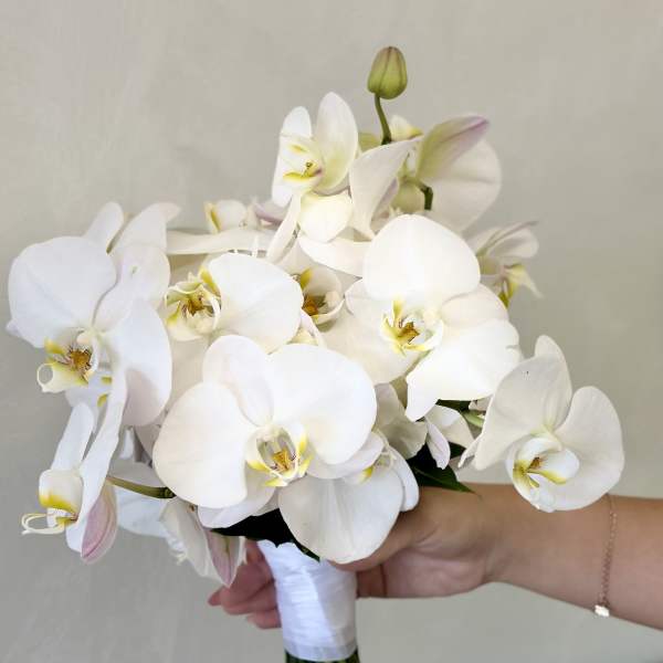 White orchid bouquet with a wrapped stem bundle