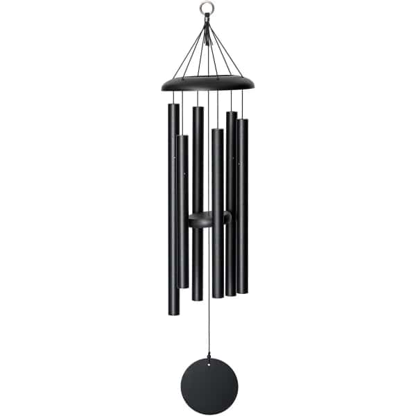 Black metal wind chime with hanging tubes and a round striker