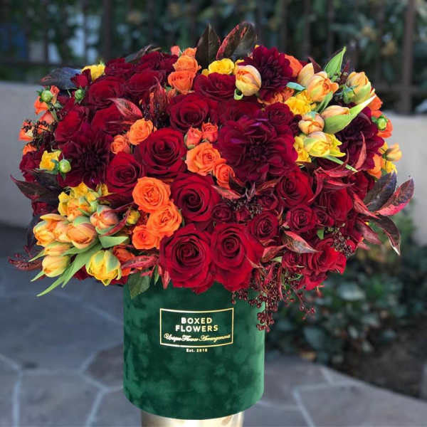 Signature emerald green box with fall bloom mix
