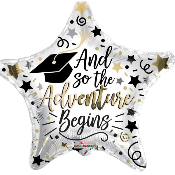 Star-shaped graduation balloon with the words "And so the Adventure Begins"