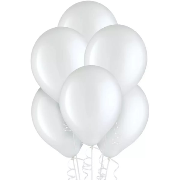 Cluster of white balloons with curling ribbons