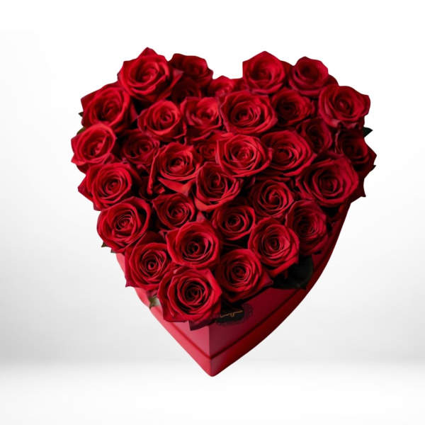 Heart-shaped box filled with red roses