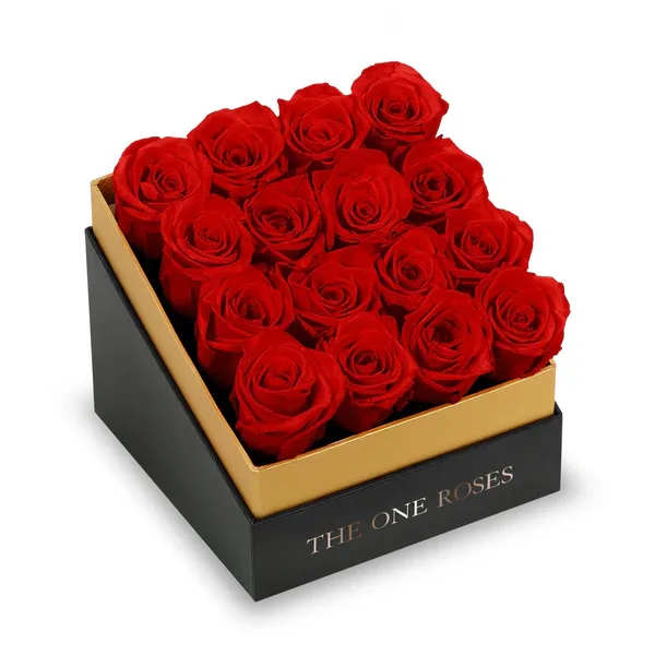 Box of red roses in a black and gold gift box