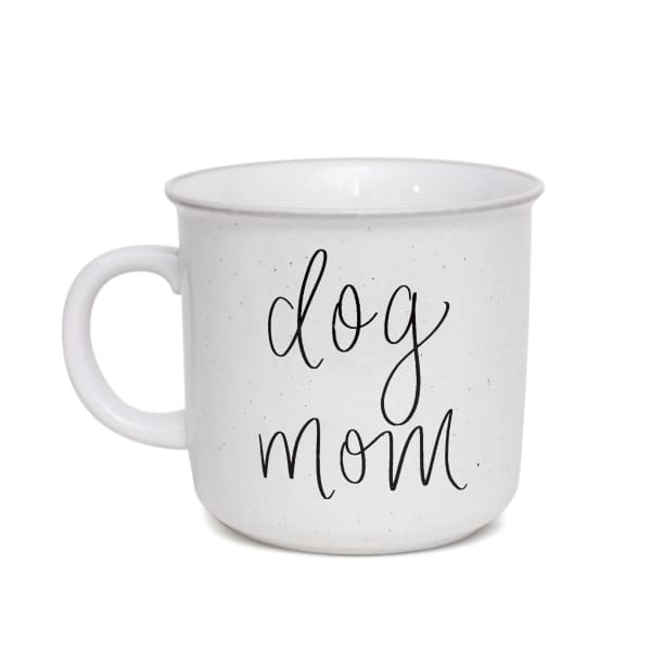 White mug with the words "dog mom" in black script