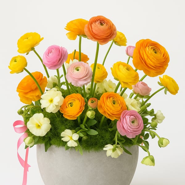 Colorful ranunculus arrangement in a gray pot with a pink ribbon