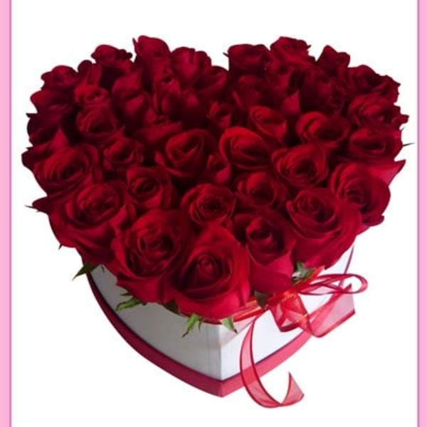 Heart-shaped box filled with red roses and tied with a ribbon