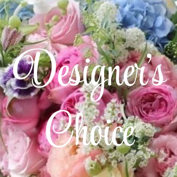 Mixed bouquet of pink, white, and blue flowers