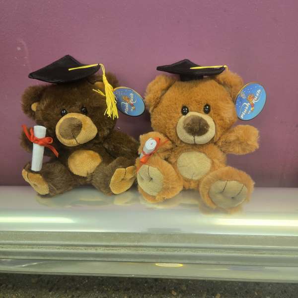 Two teddy bears wearing graduation caps and holding diplomas