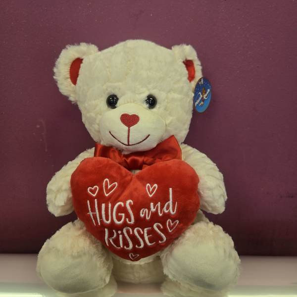 White teddy bear holding a red heart pillow