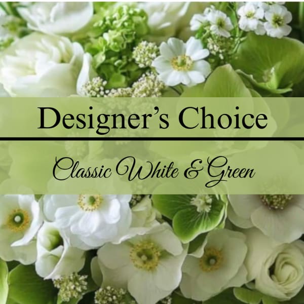 White and green floral arrangement with mixed blooms