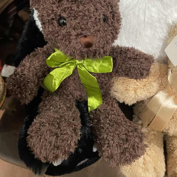 Brown teddy bear with a green ribbon, shown with other plush toys