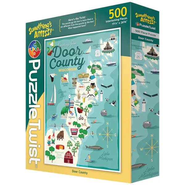 Boxed 500-piece Door County Wisconsin puzzle with a map illustration