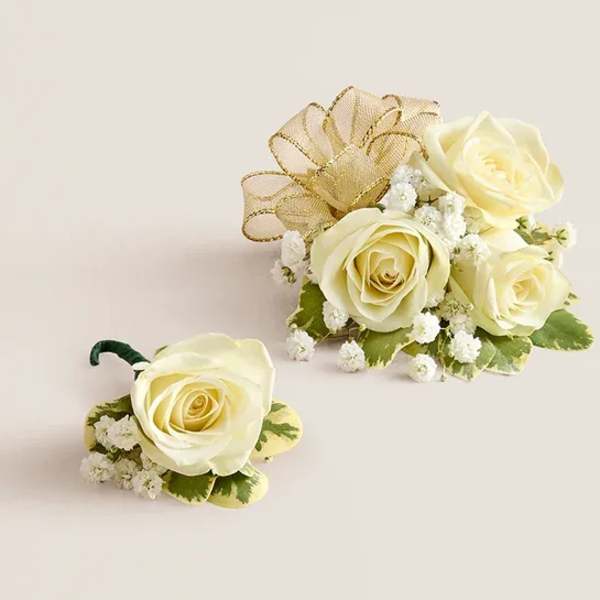White Spray Rose Corsage & Boutonniere - GOLD