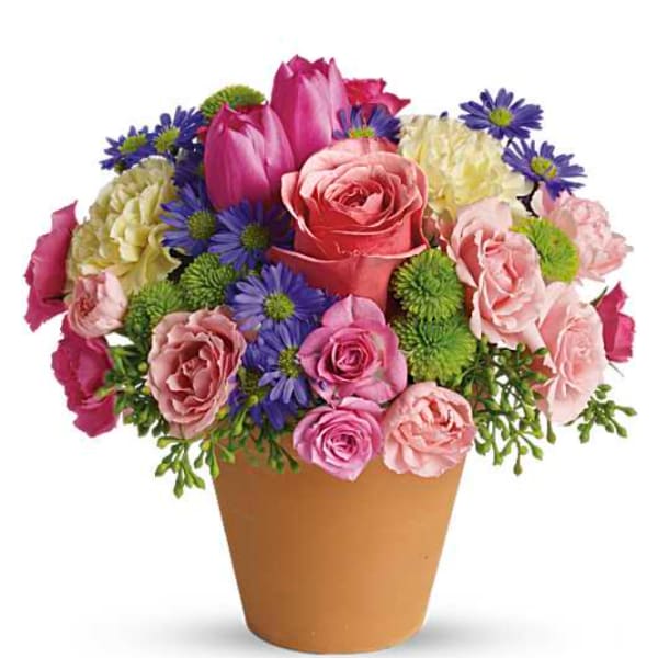 Mixed pink and purple flower arrangement in a tan pot