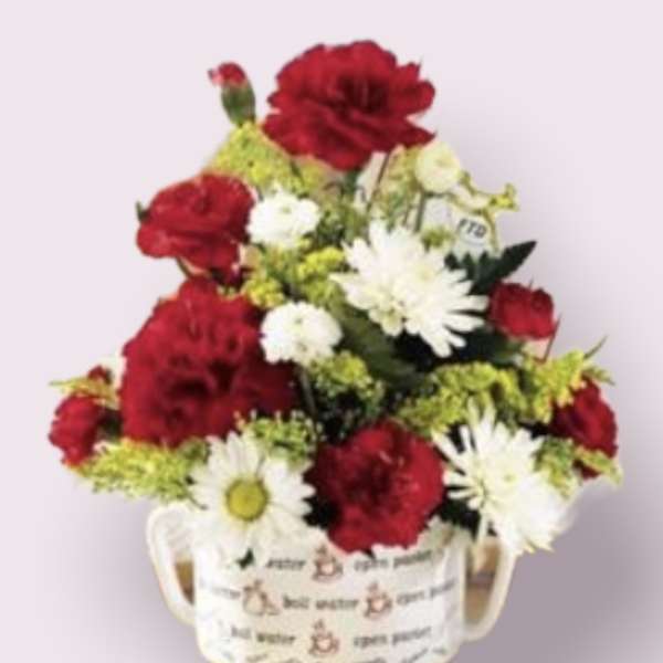 Red and white flowers arranged in a handled mug