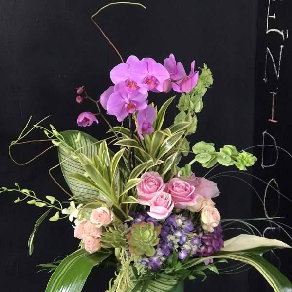 Pink orchids and roses in a green striped vase