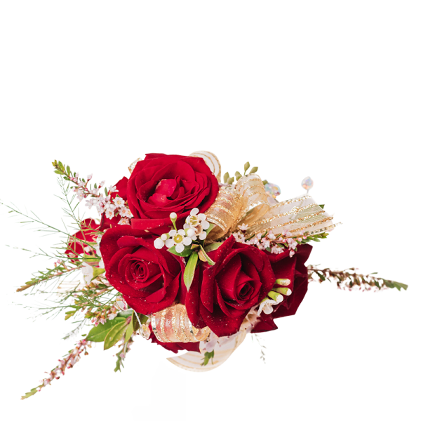 Red roses with small white flowers and gold ribbon accents