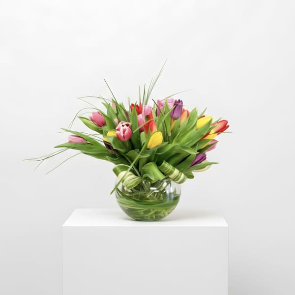 Low glass bowl of mixed-color tulips with decorative grasses and leaves against a white background