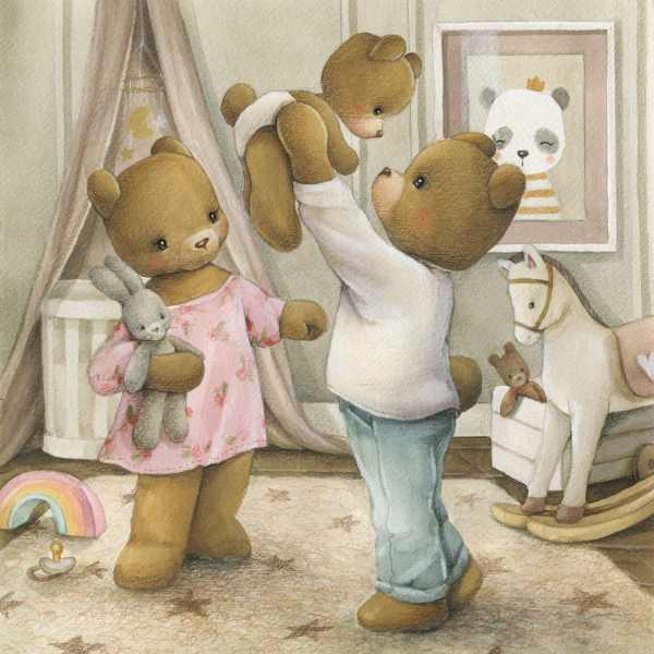 Illustration of teddy bears in a nursery with toys and framed art