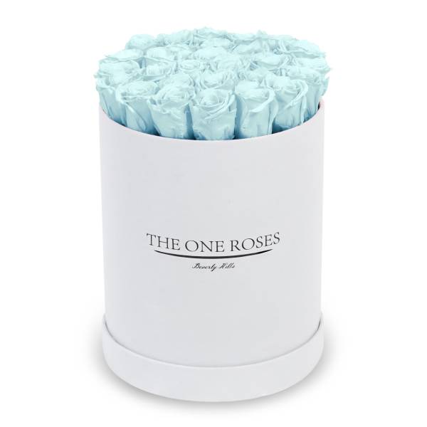 Light blue roses in a white round box