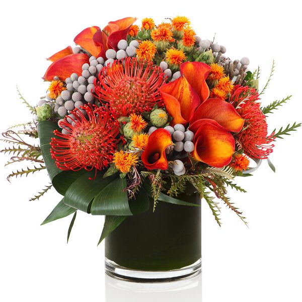 Orange calla lilies and red pincushion flowers in a glass vase