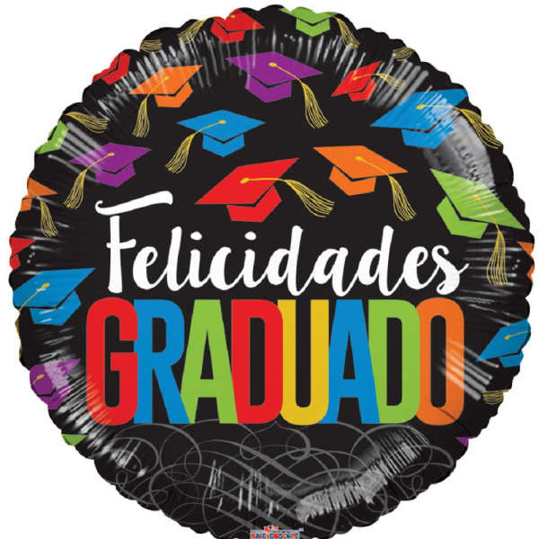 Round graduation balloon with colorful caps and the words "Felicidades Graduado"